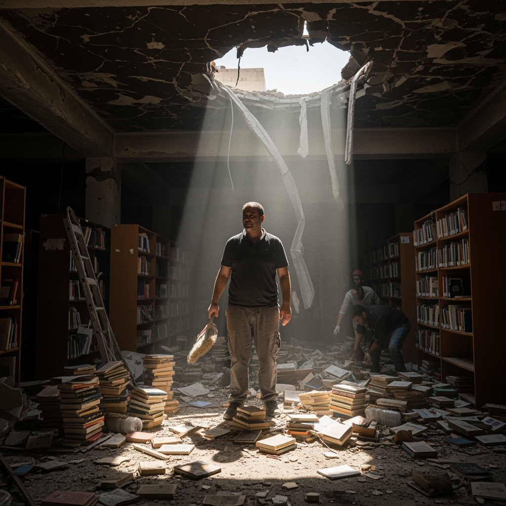 Illustration for: Falah Al-Dalou Rescues Gaza Library Post-War