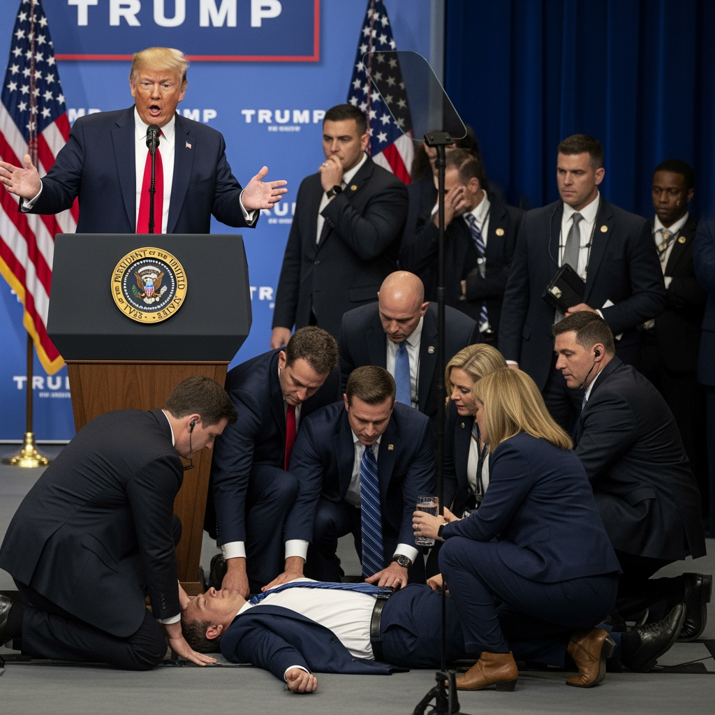 Illustration for: Pharma Rep Faints at Trump Event, Causes Delay
