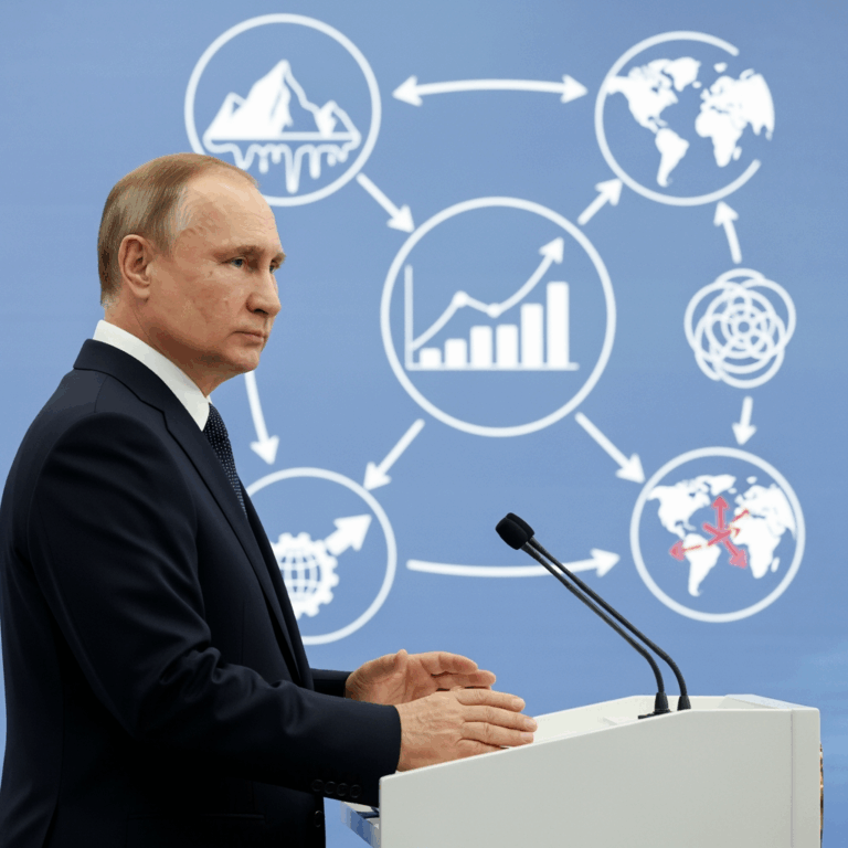 Illustration for: Putin Advocates Unity in Overcoming Global Challenges