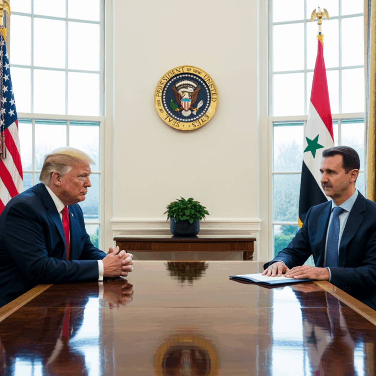 Illustration for: Historic Meeting: Trump and Syrian Leader Shar' at White House