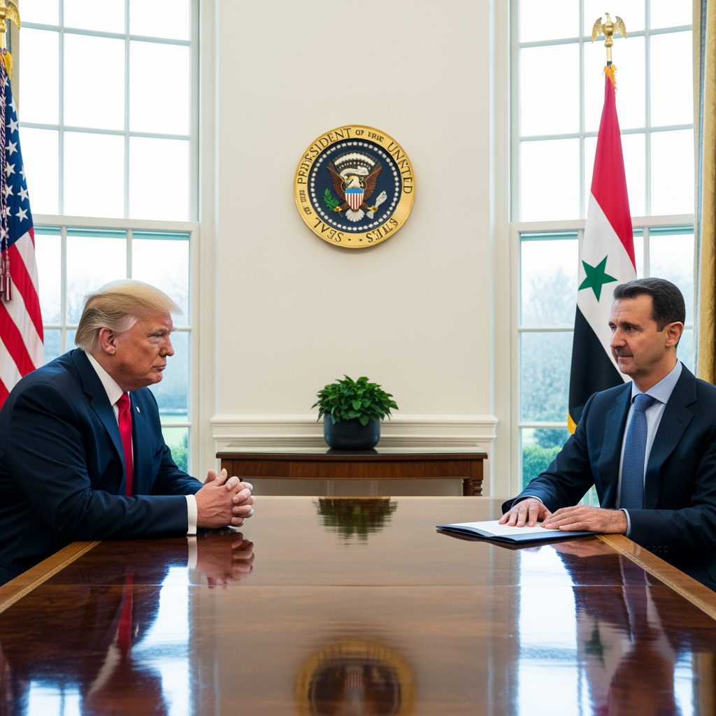 Illustration for: Historic Meeting: Trump and Syrian Leader Shar' at White House
