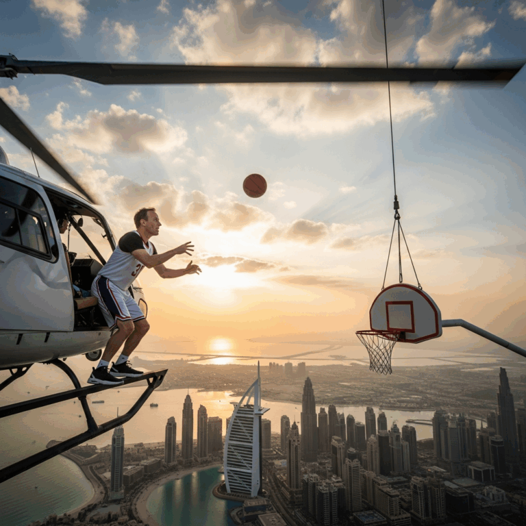 Illustration for: Chris Matthews' Epic Dubai Helicopter Basketball Shot