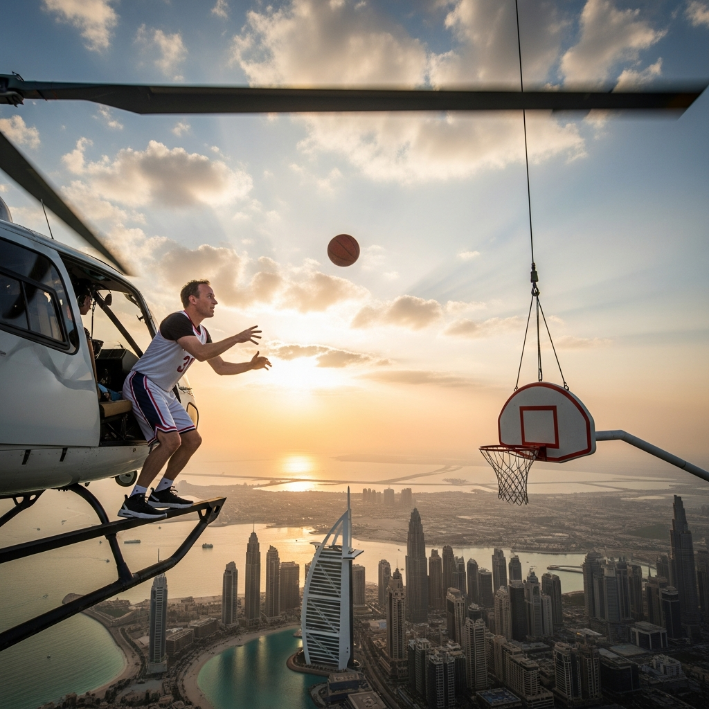 Illustration for: Chris Matthews' Epic Dubai Helicopter Basketball Shot