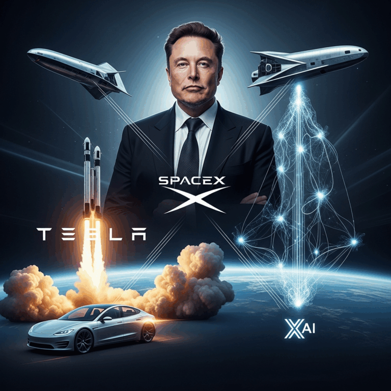 Illustration for: Musk Tops with Tesla, SpaceX, XAI