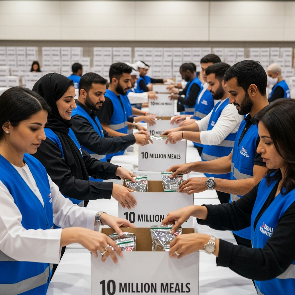 Illustration for: Dubai Volunteers Pack 10M Meals for Gaza Aid