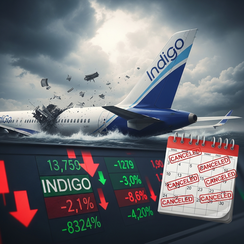 Illustration for: IndiGo Faces Crisis: Stock Falls, Flights Canceled