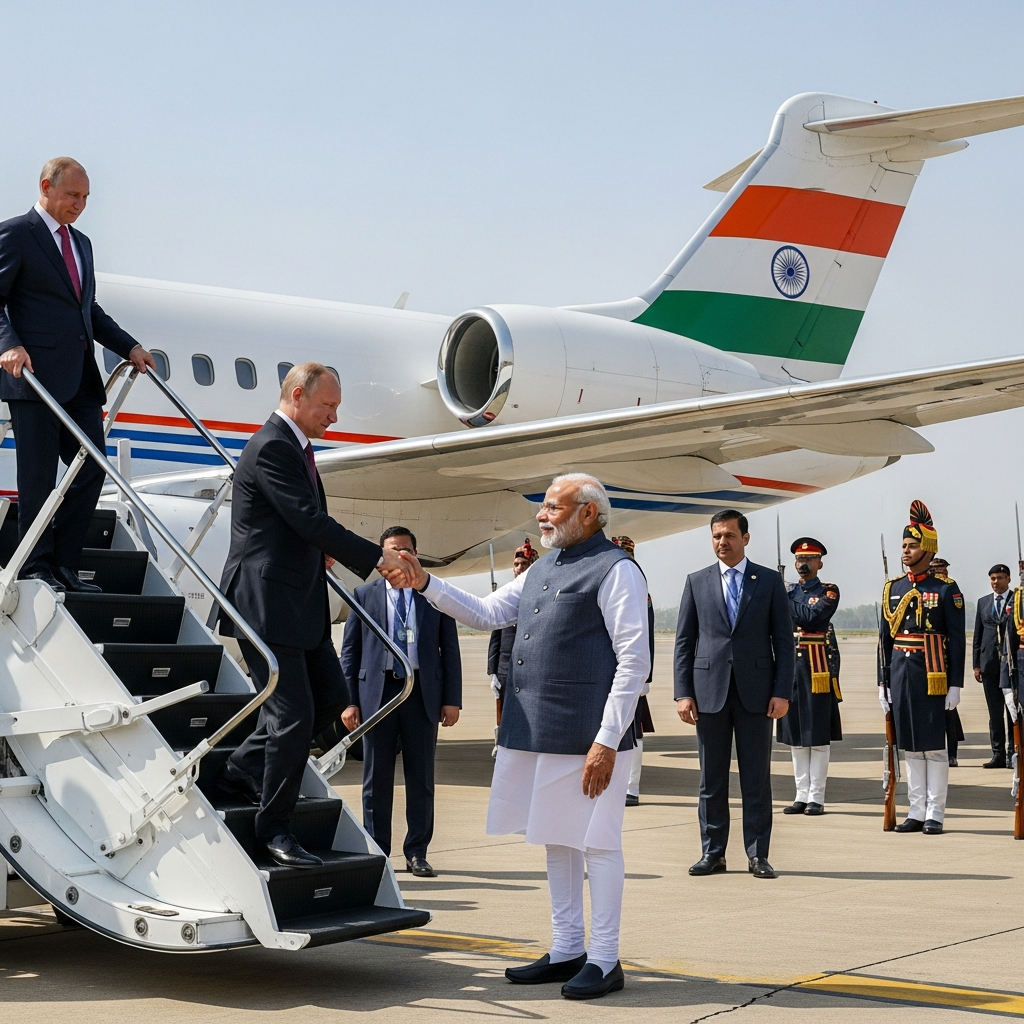 Illustration for: Putin Arrives in India to Boost Defense Ties