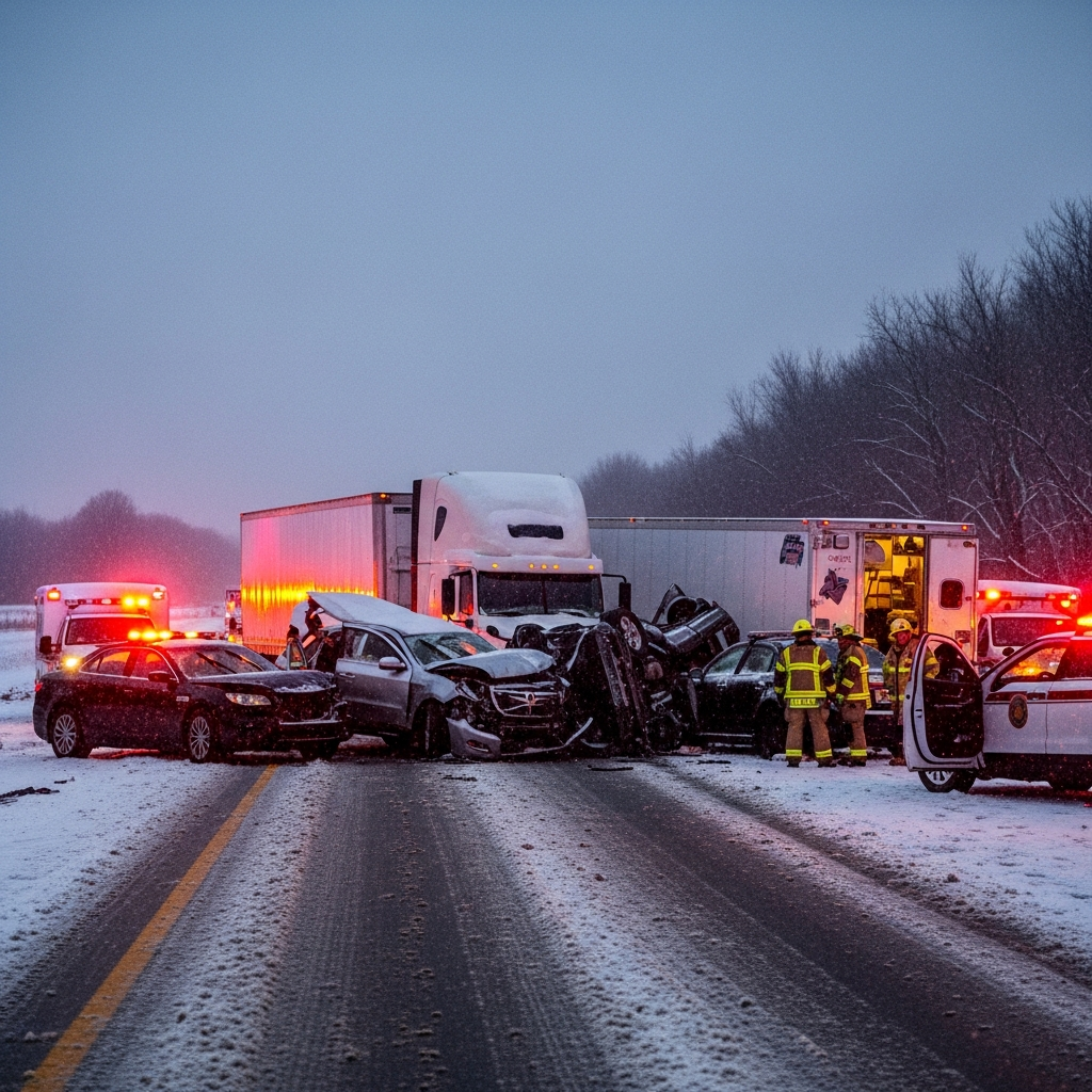 Illustration for: Massive Vehicle Collision Due to Snowstorm in Indiana