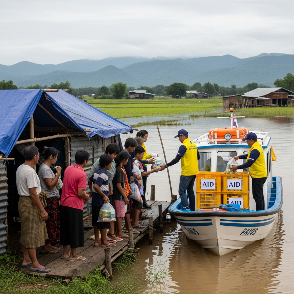 Illustration for: Flood Crisis: Aid Rushed to Stranded in Asia