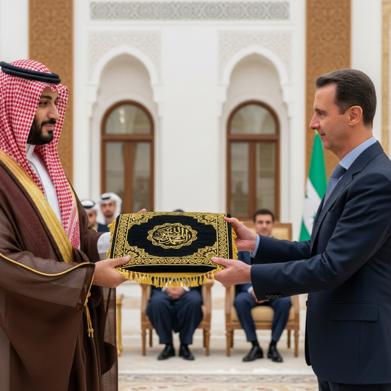 Illustration for: Saudi Crown Prince Gifts Kaaba Cover to Syria