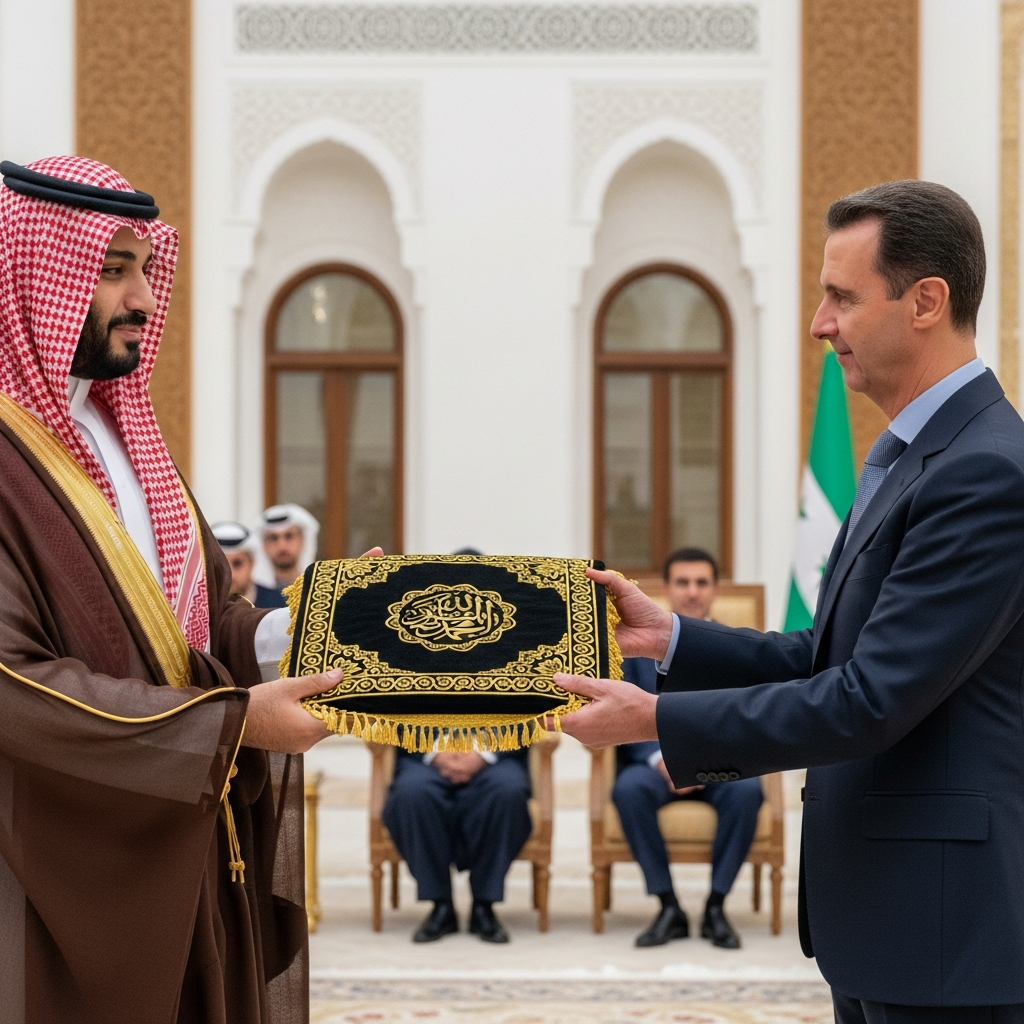 Illustration for: Saudi Crown Prince Gifts Kaaba Cover to Syria