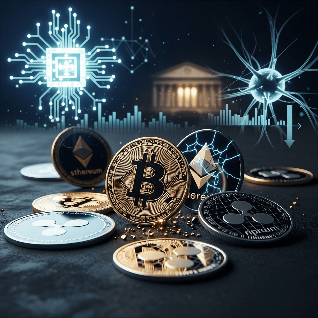 Illustration for: Cryptocurrencies Tumble Amid AI Concerns and Fed Moves