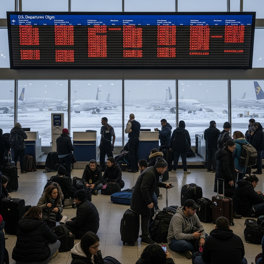 Illustration for: Blizzard Causes Mass Flight Cancellations in US