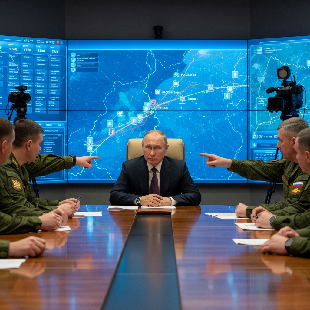 Illustration for: Putin Visits Military Command, Reports on Frontline Advances