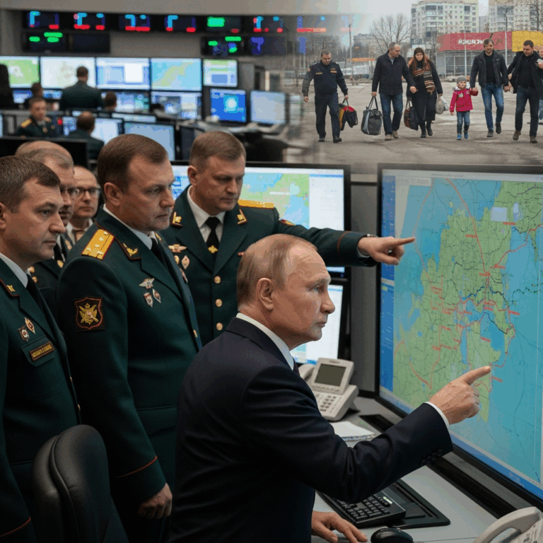 Illustration for: Putin Visits Command Center, Civilians Evacuated
