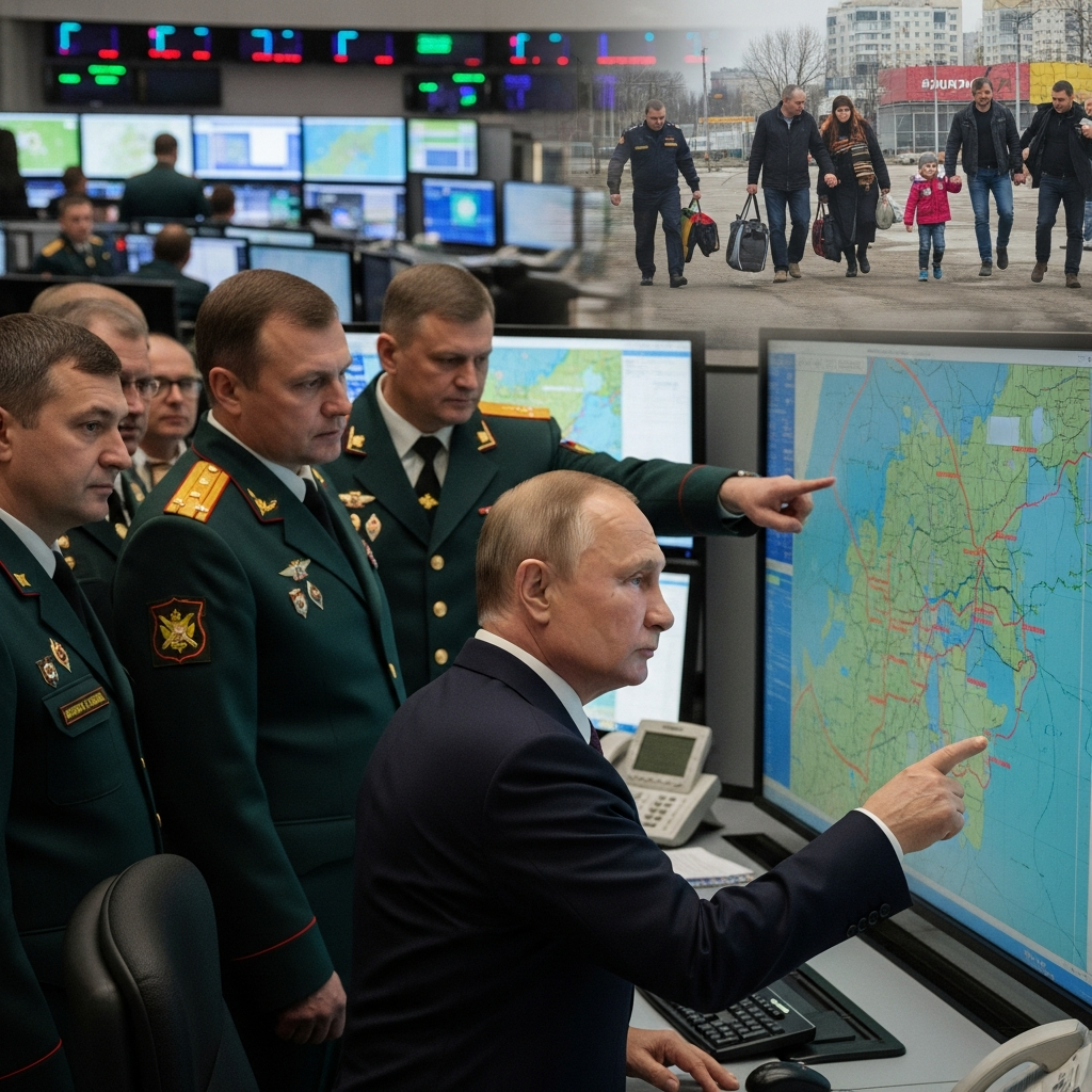 Illustration for: Putin Visits Command Center, Civilians Evacuated
